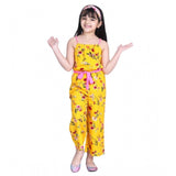 Yellow-Pink polyester crepe floral shoulder straps jumpsuit for girls, vibrant floral pattern and square neck design