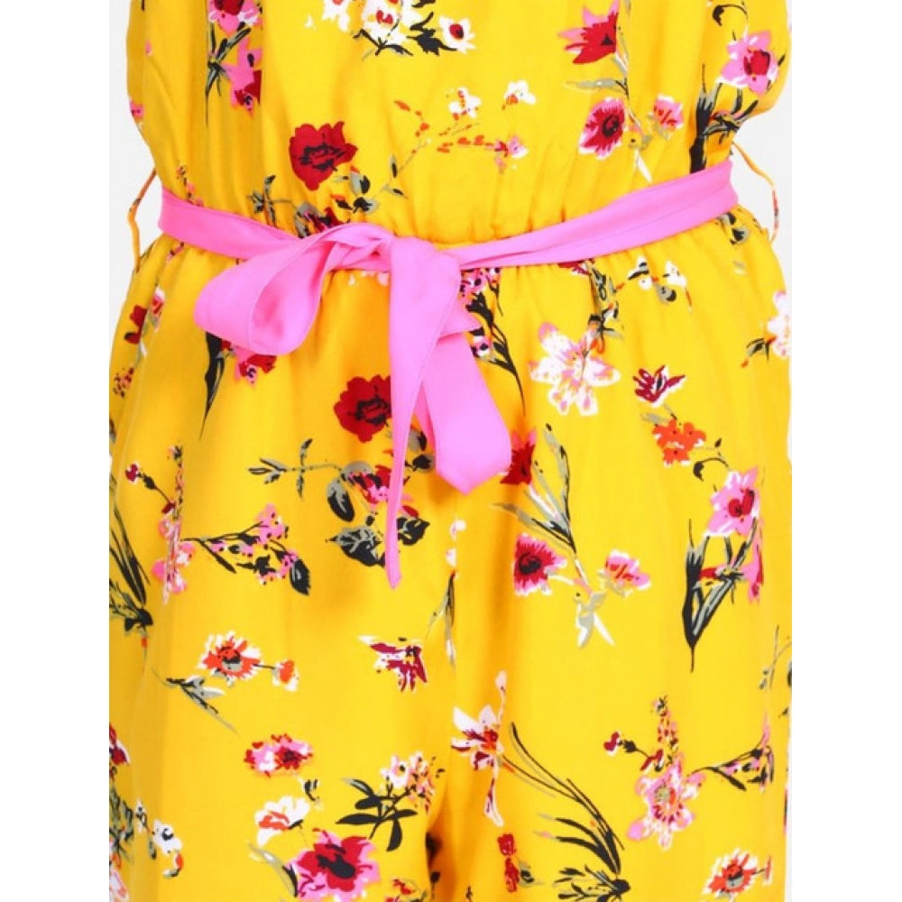 Yellow-Pink polyester crepe floral shoulder straps jumpsuit for girls, vibrant floral pattern on display