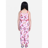 Pink-Red polyester crepe floral shoulder straps jumpsuit for girls, vibrant floral pattern, close-up view