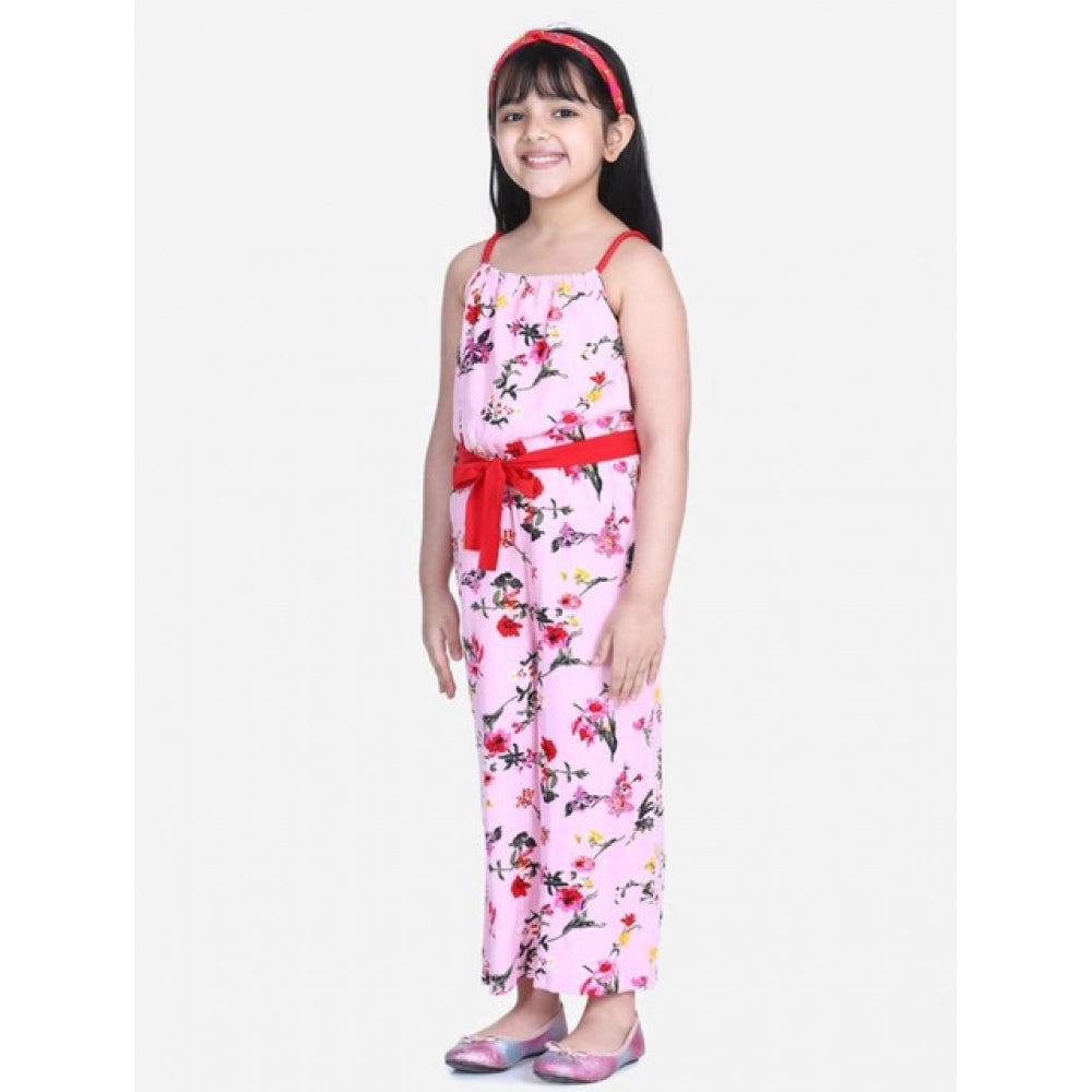 Pink-Red polyester crepe floral jumpsuit for girls, featuring shoulder straps and square neck