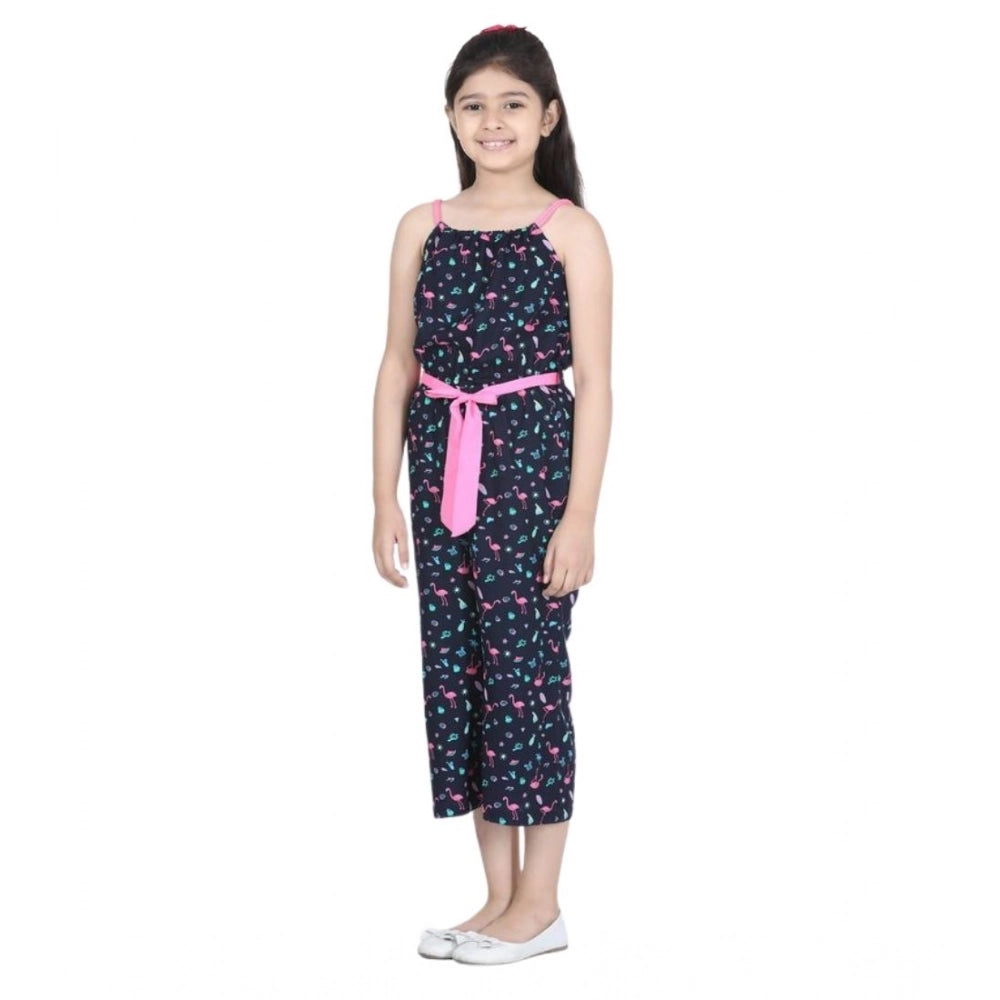 Black-Pink rayon flamingo print sleeveless jumpsuit for girls, square neckline and vibrant design