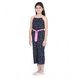 Black-Pink rayon flamingo print sleeveless jumpsuit for girls, square neckline and vibrant design
