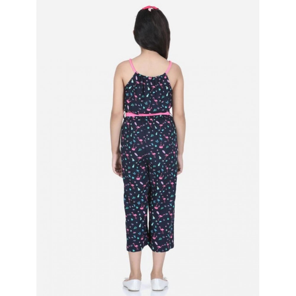 Black-Pink rayon flamingo print sleeveless jumpsuit for girls, square neck design, vibrant flamingo pattern on display