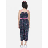 Black-Pink rayon flamingo print sleeveless jumpsuit for girls, square neck design, vibrant flamingo pattern on display