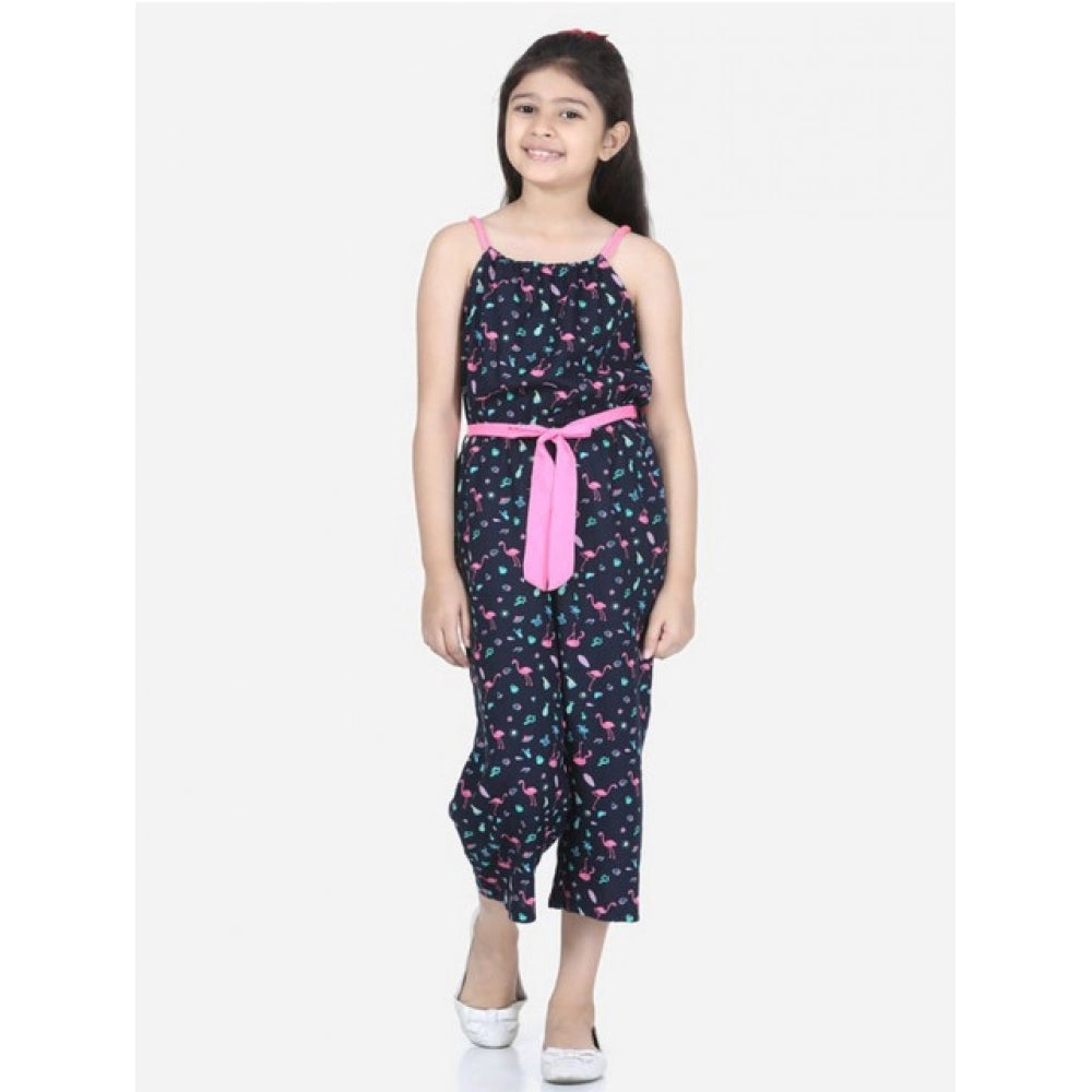 Black-Pink rayon flamingo print sleeveless jumpsuit for girls, vibrant tropical pattern on display