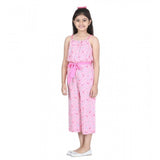 Pink rayon flamingo print sleeveless jumpsuit for girls, vibrant tropical style