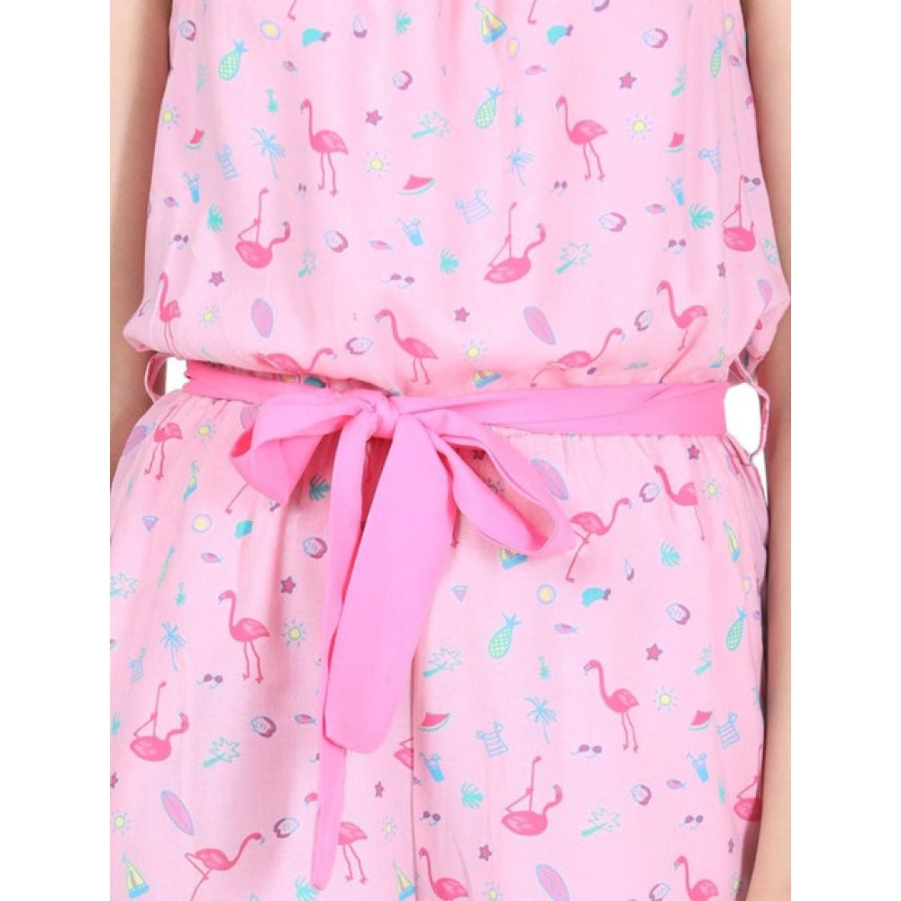 Pink rayon flamingo print sleeveless jumpsuit for girls, vibrant flamingo pattern