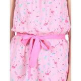 Pink rayon flamingo print sleeveless jumpsuit for girls, vibrant flamingo pattern