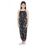 Black-Multicolor flamingo print rayon sleeveless jumpsuit for girls, square neckline on display rack