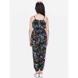 Black-Multicolor flamingo print rayon sleeveless jumpsuit for girls, square neck style on a clothing hanger