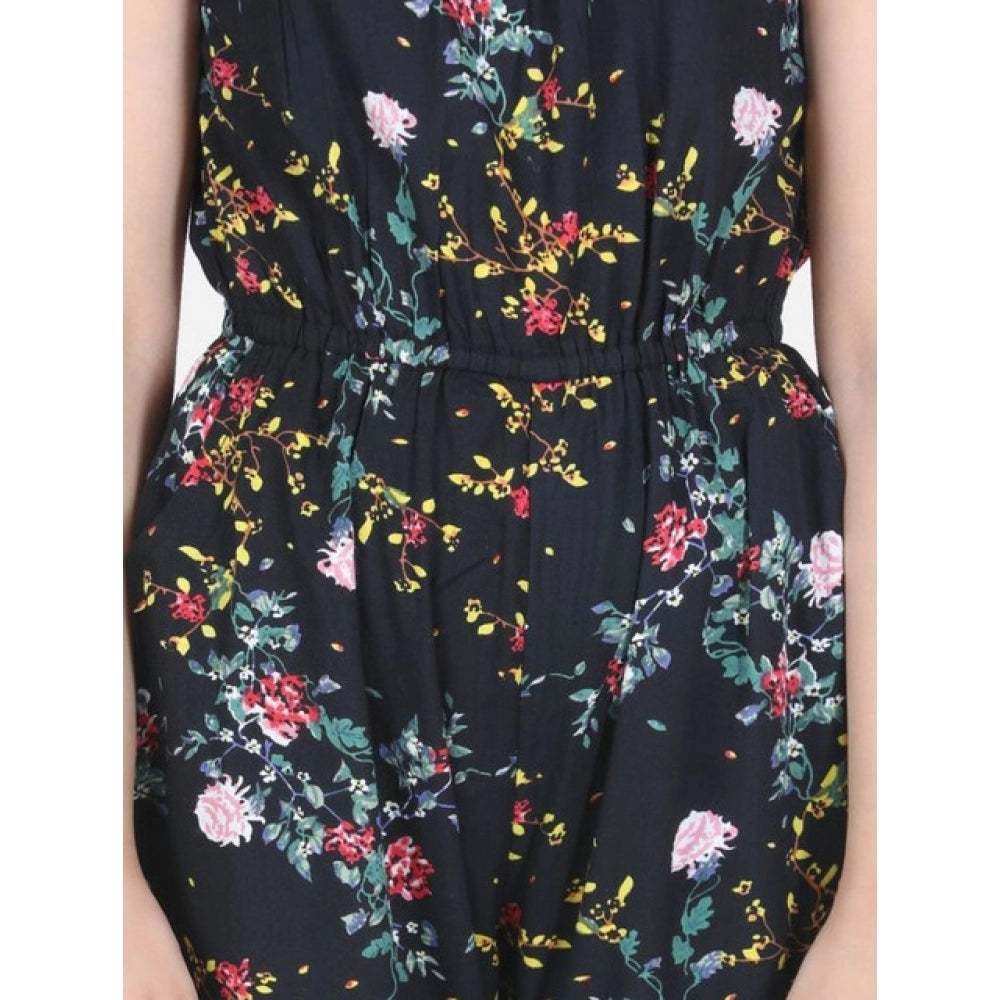 Black-Multicolor flamingo print rayon sleeveless jumpsuit for girls, square neckline design