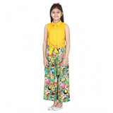 Yellow-multicolor flamingo print rayon girl's sleeveless jumpsuit on hangar