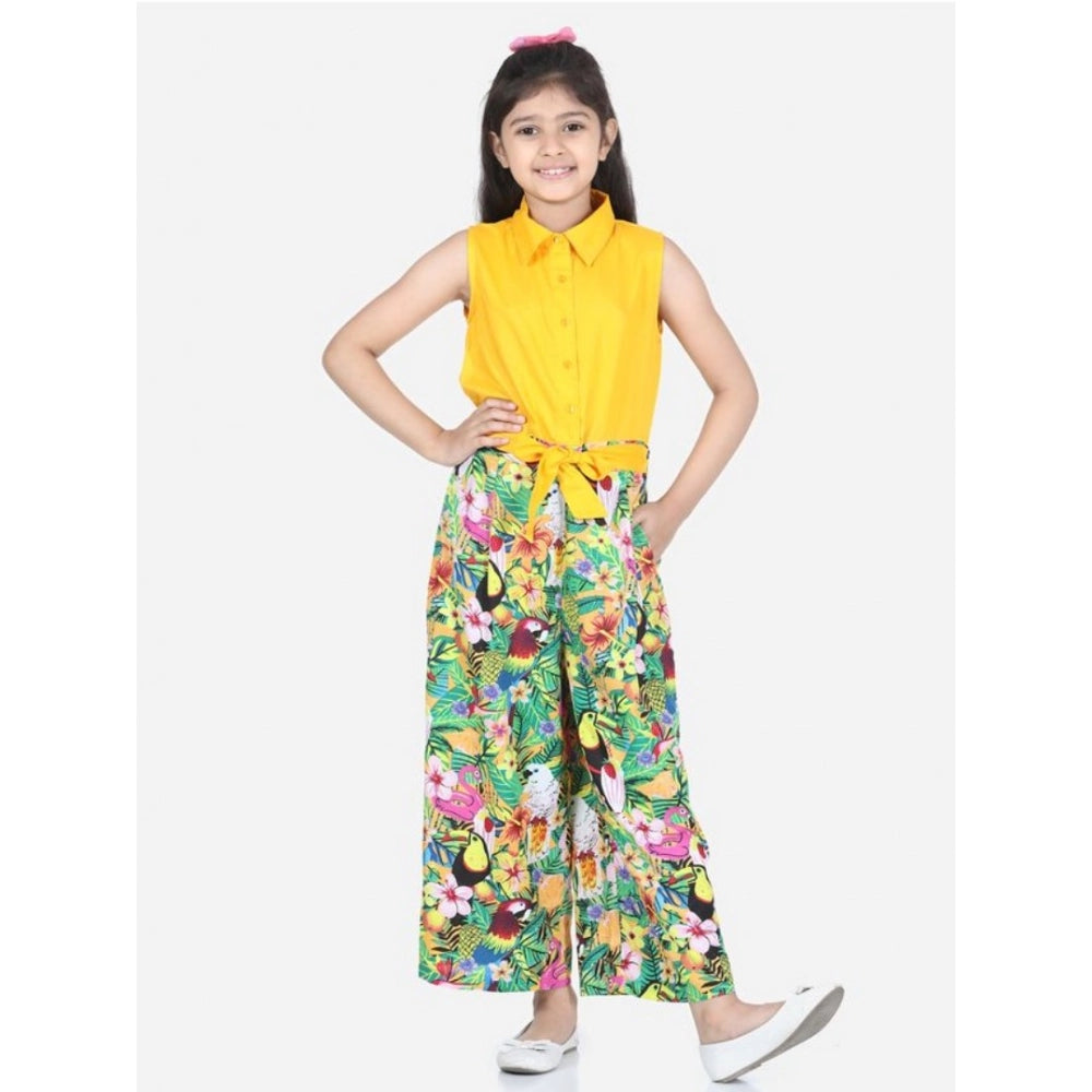 Yellow-Multicolor rayon flamingo print sleeveless jumpsuit for girls, vibrant summer outfit