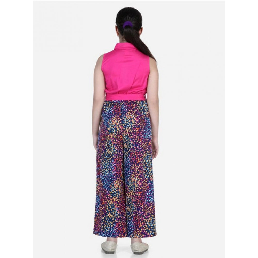 Multicolor bodice-rayon sleeveless jumpsuit with shirt collar, polyester crepe bottom on model