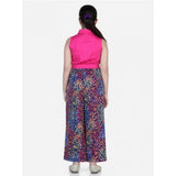 Multicolor bodice-rayon sleeveless jumpsuit with shirt collar, polyester crepe bottom on model