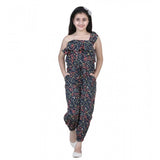 Multi-colored polyester moss floral sleeveless jumpsuit for girls, vibrant floral print on display