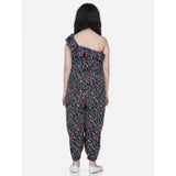 Multi-colored polyester moss floral sleeveless jumpsuit for girls, vibrant floral pattern on display