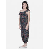 Multi-colored polyester moss floral sleeveless jumpsuit for girls on display, close-up view