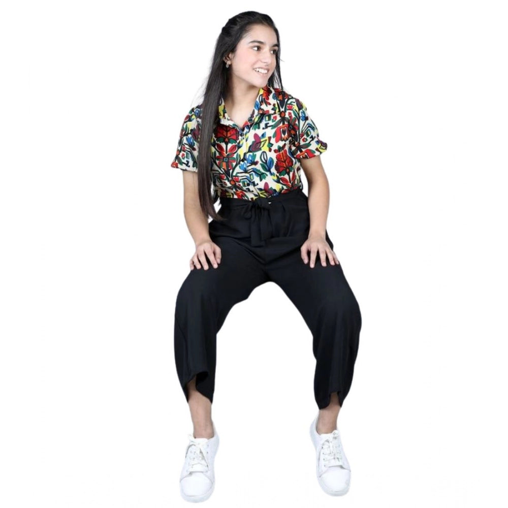 Multi-colored black polyester printed short sleeves jumpsuit for girls, vibrant pattern on display