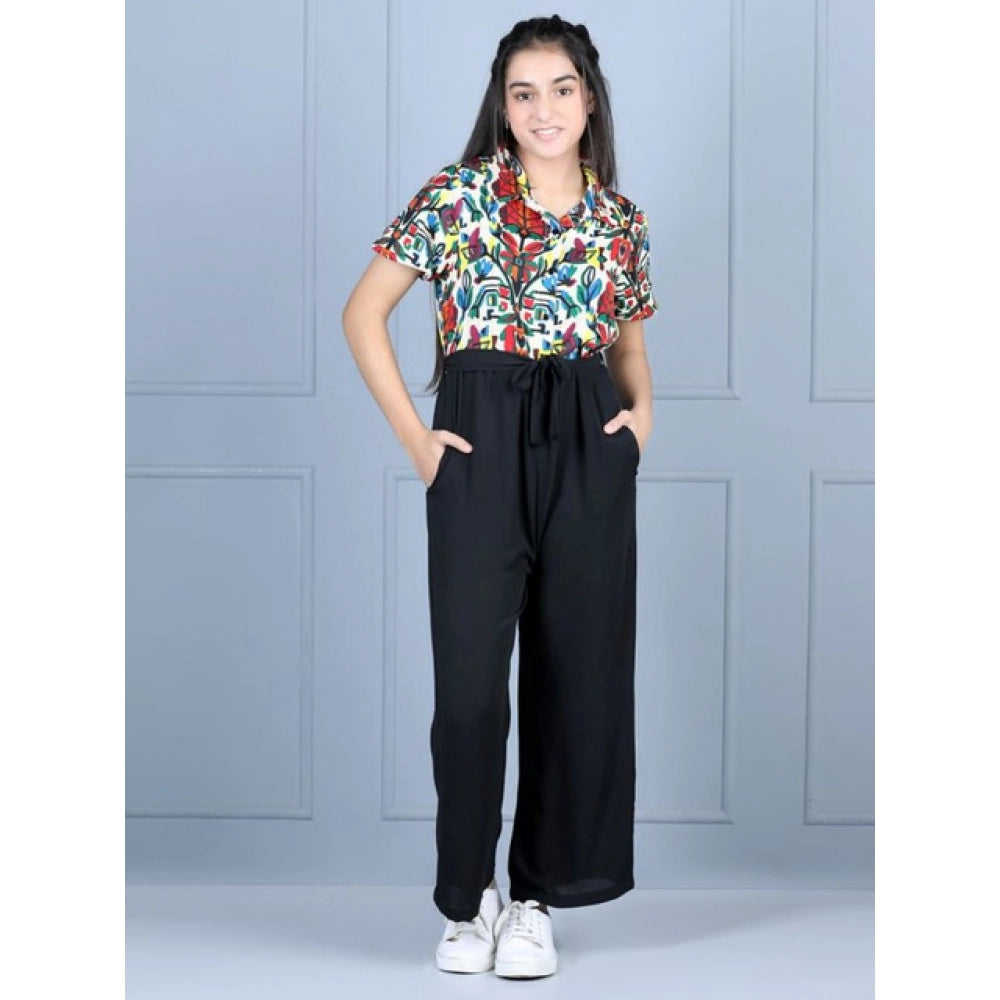 Multi-colored black polyester printed short sleeves jumpsuit for girls - vibrant pattern, casual wear