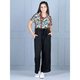 Multi-colored black polyester printed short sleeves jumpsuit for girls - vibrant pattern, casual wear