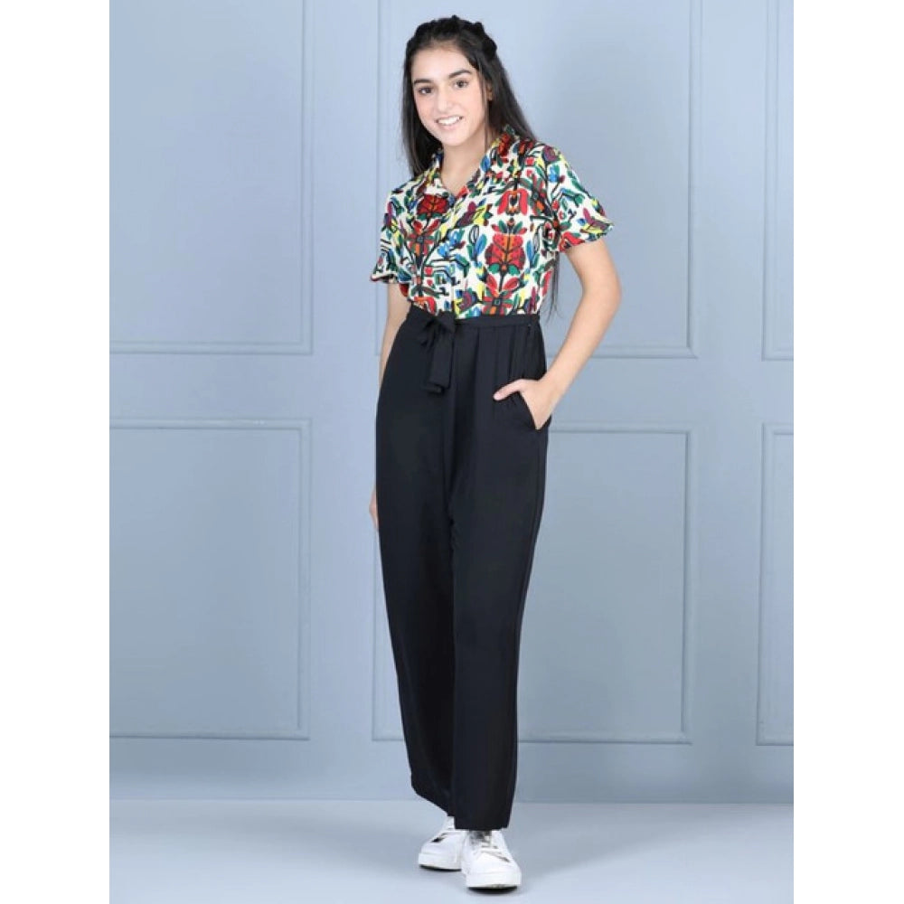 Multi-colored black polyester printed short sleeves jumpsuit for girls, vibrant pattern on display