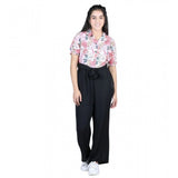White-Black floral polyester girls' jumpsuit with short sleeves and shirt collar, perfect for casual wear