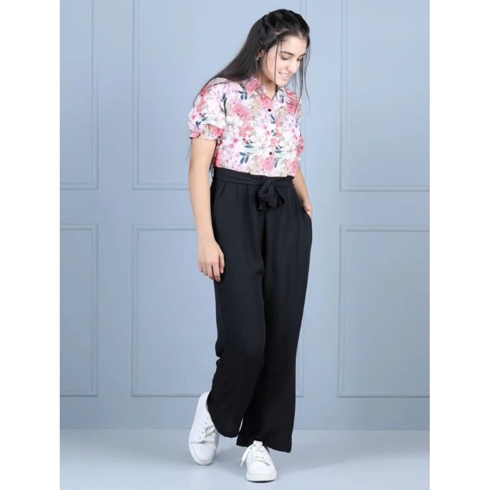 White-Black polyester floral short sleeves jumpsuit for girls, vibrant floral pattern on long length with shirt collar