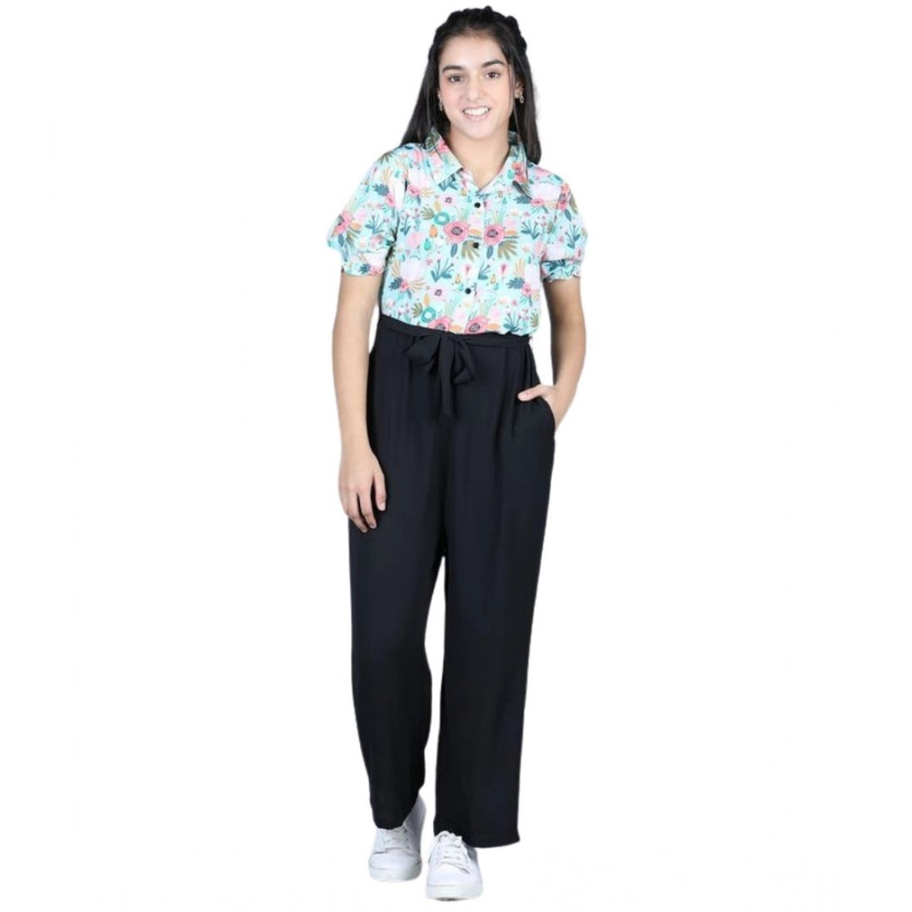Green-Black polyester floral short sleeves jumpsuit for girls, vibrant floral pattern on long jumpsuit with shirt collar