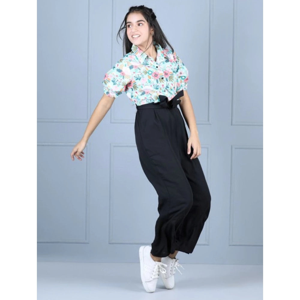 Green-Black polyester floral short sleeves jumpsuit for girls, ideal for playful occasions