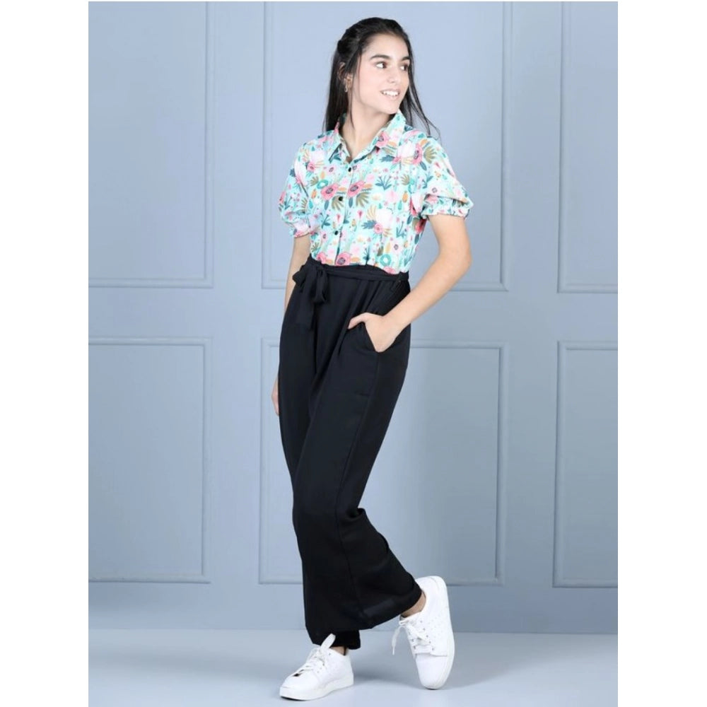 Green-Black polyester floral short sleeves jumpsuit for girls with shirt collar, ideal for casual wear or playtime