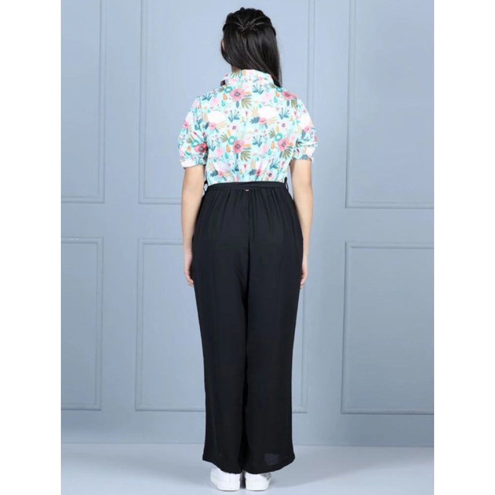 Green-Black polyester floral short sleeves jumpsuit for girls, ideal for casual wear