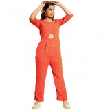 Coral polyester floral 3/4th sleeve jumpsuit for girls, vibrant floral pattern with square neck and zip closure