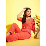 Coral polyester floral 3/4th sleeve jumpsuit for girls, square neck with zip closure