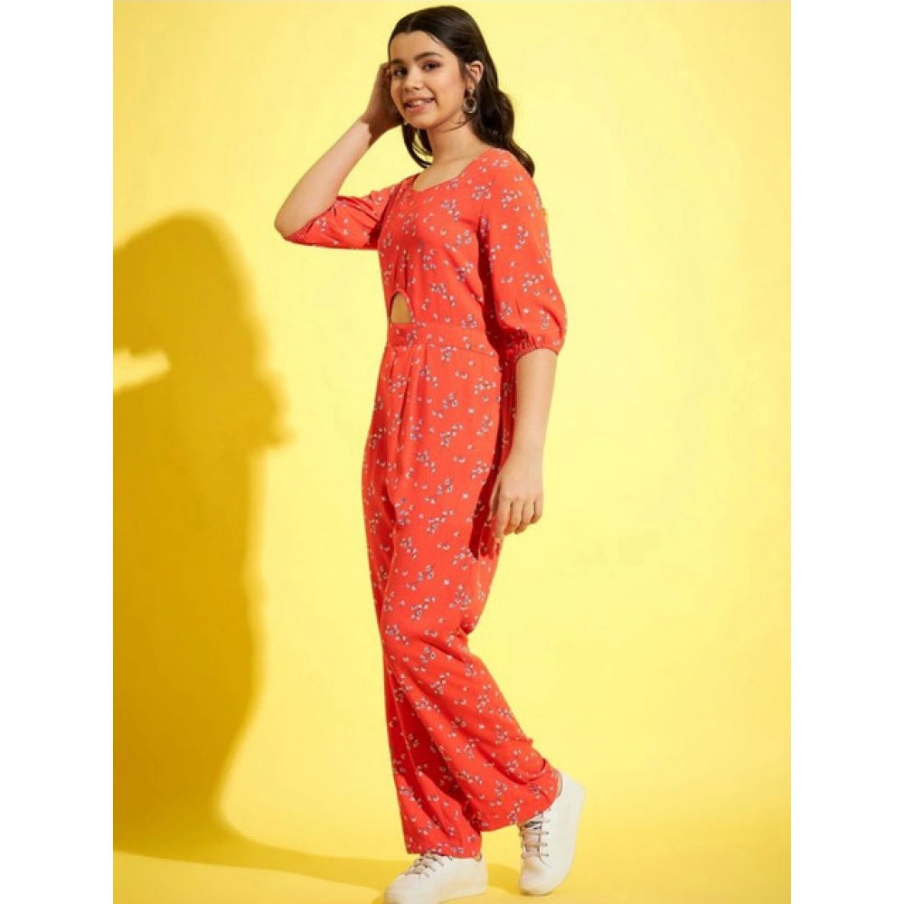 Coral polyester floral 3/4th sleeve jumpsuit for girls, square neck with zip closure