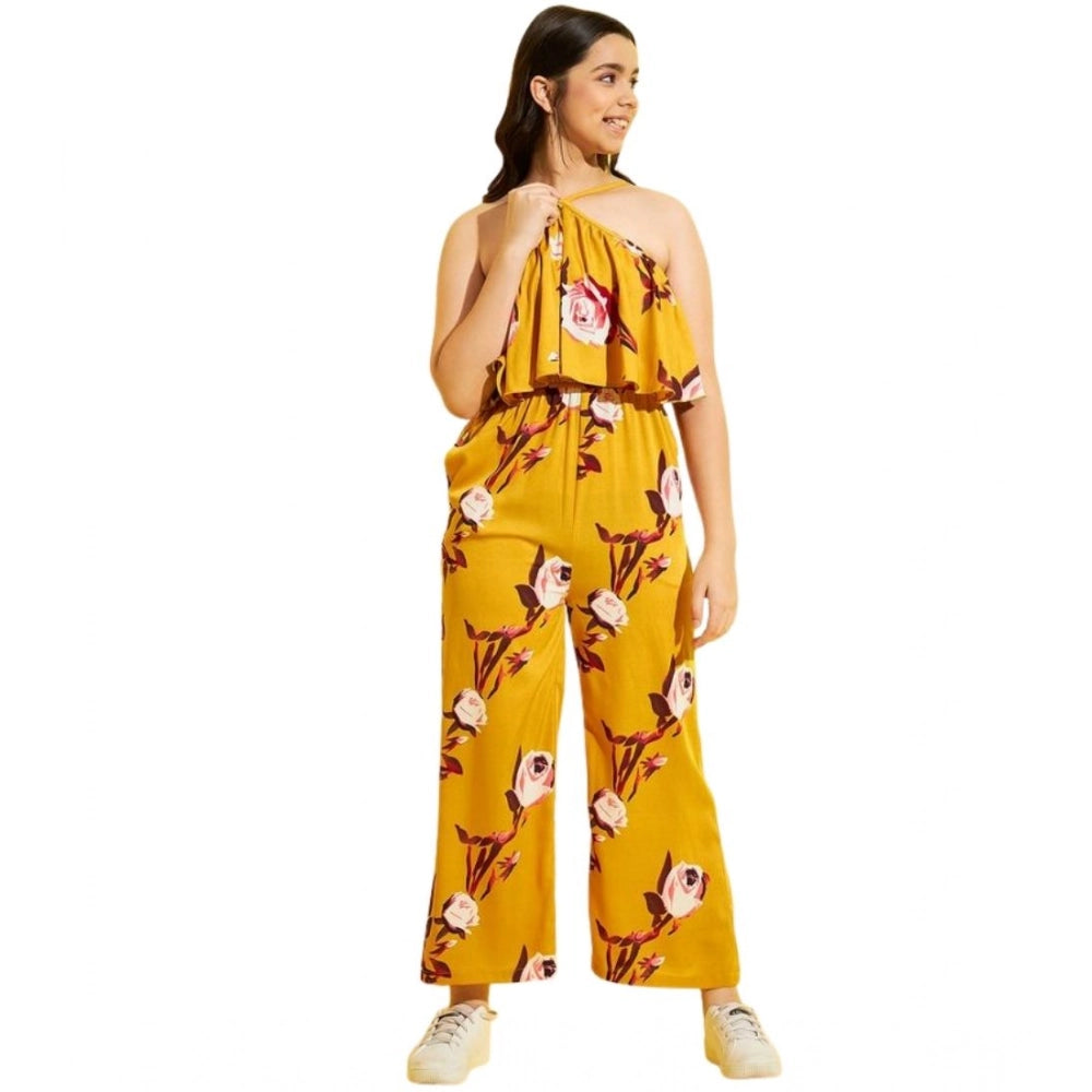 Mustard polyester crepe floral sleeveless jumpsuit for girls - vibrant floral pattern, shoulder straps style
