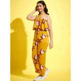 Mustard polyester crepe floral sleeveless jumpsuit for girls, perfect casual wear