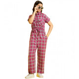 Pink cotton checkered short sleeves jumpsuit for girls, casual wear on model