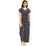 Navy-white polyester moss floral short sleeves jumpsuit for girls on display stand