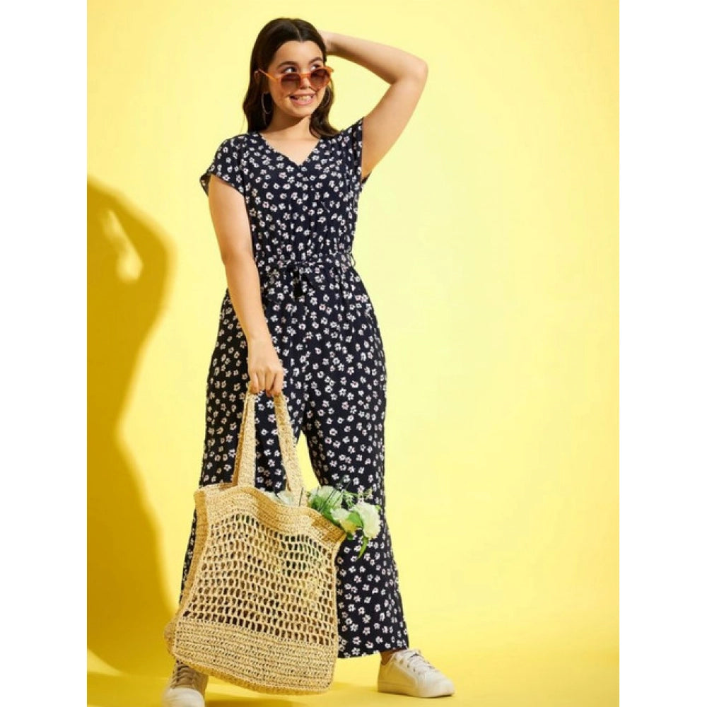 Navy-white polyester moss floral girls' jumpsuit with V-neck, short sleeves