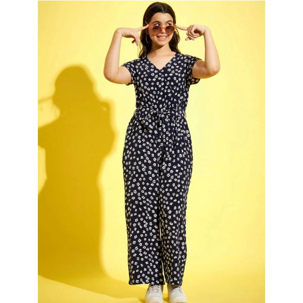 Navy-white polyester moss floral jumpsuit for girls with v-neck and short sleeves
