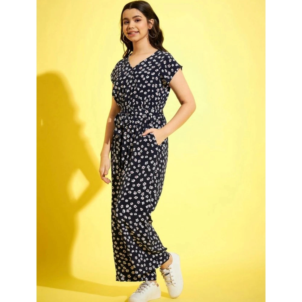 Navy-white polyster moss floral short sleeves jumpsuit for girls, vibrant floral pattern accentuates casual style