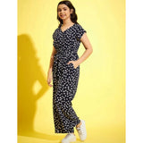 Navy-white polyster moss floral short sleeves jumpsuit for girls, vibrant floral pattern accentuates casual style