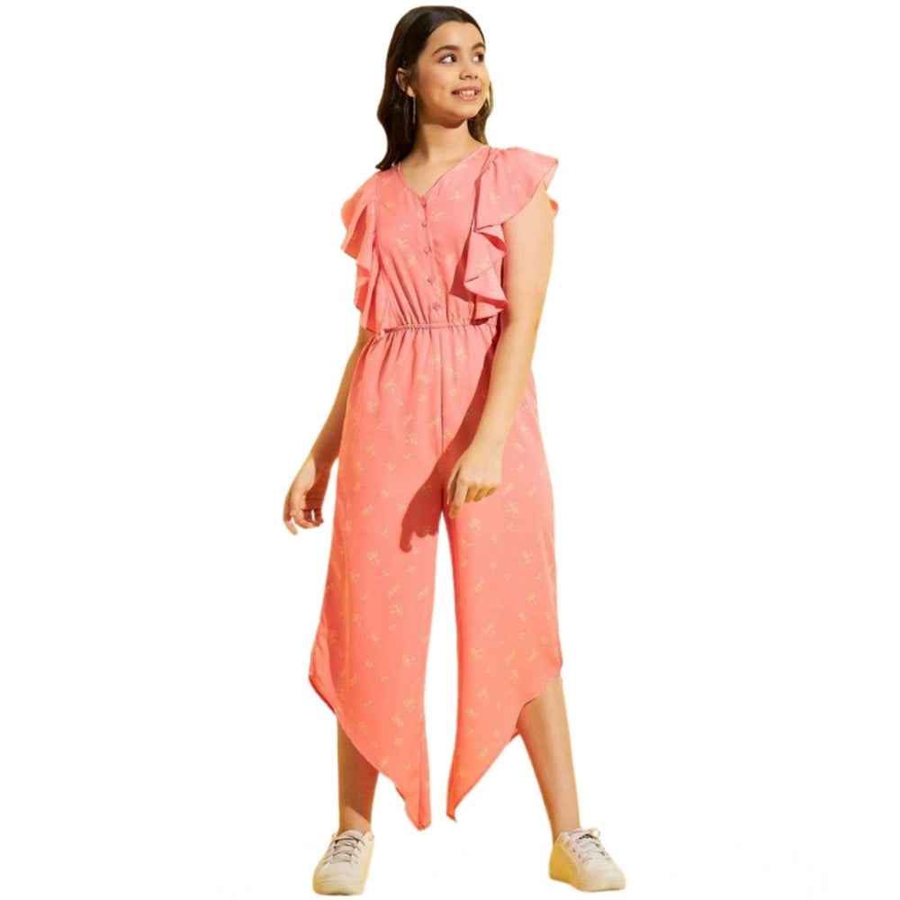 Pink polyester floral sleeveless jumpsuit for girls, vibrant floral pattern detail