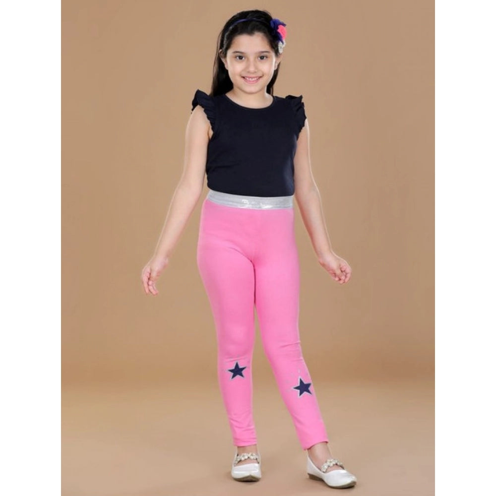 Pink cotton lycra elasticated leggings with star print for girls, ideal for activewear or casual wear