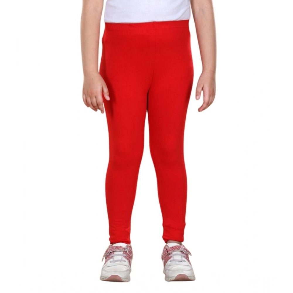 Red cotton lycra elasticated leggings for girls, solid pattern