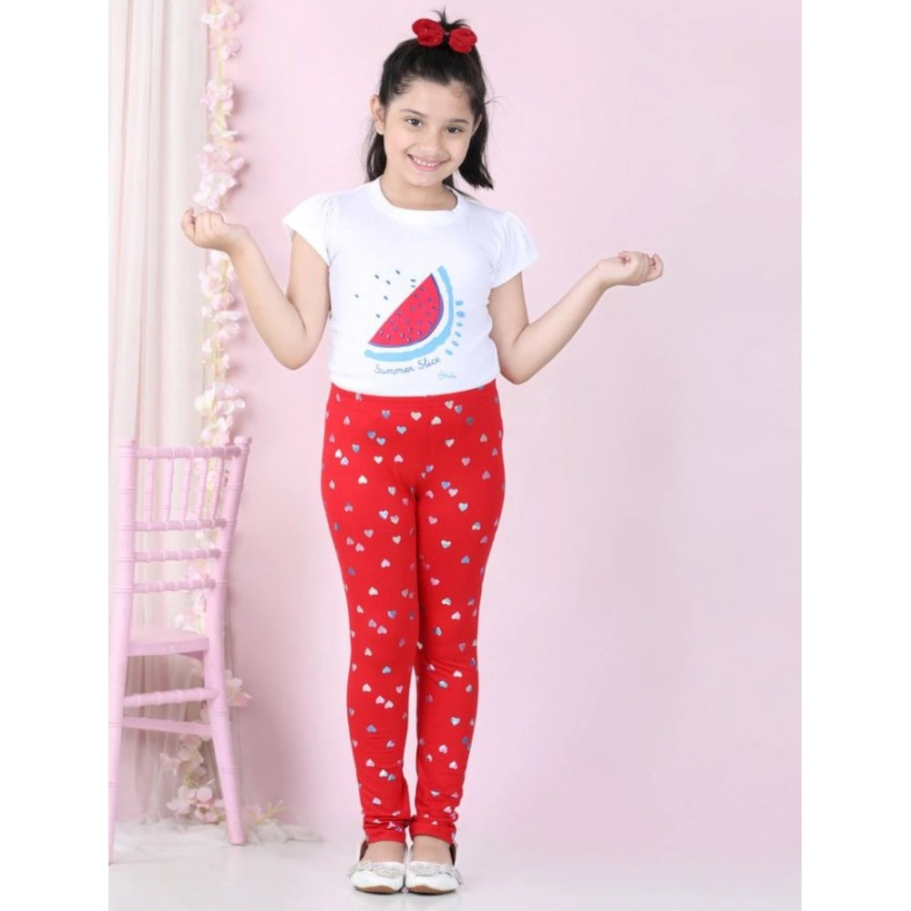 Red cotton lycra embellished elasticated leggings for girls, ideal for active wear