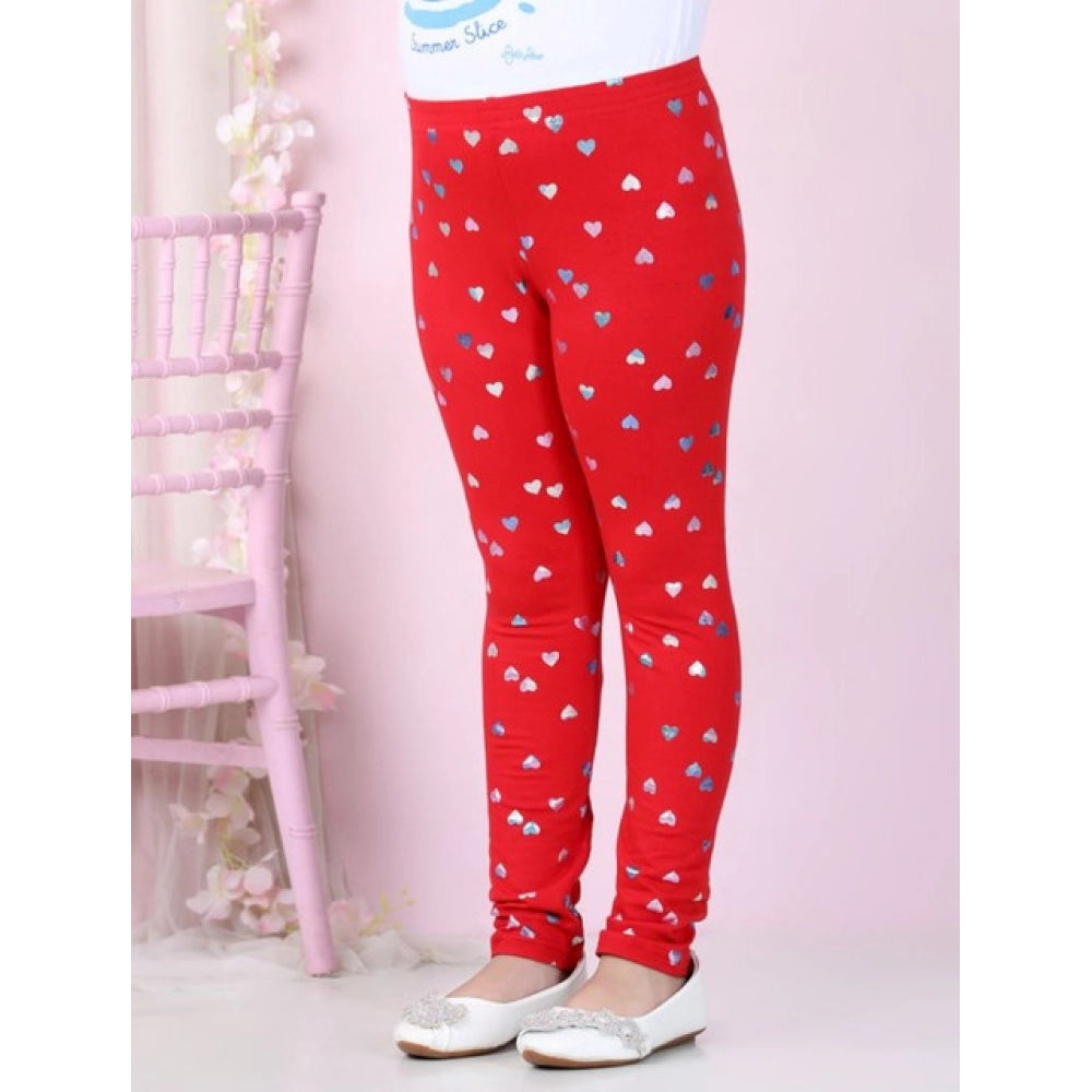 Red cotton lycra embellished elasticated leggings for girls, ideal for active play and dance