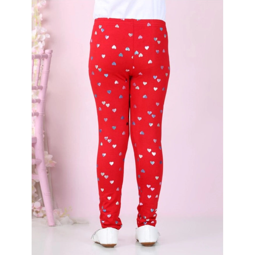 Red cotton lycra embellished elasticated leggings for girls, perfect activewear