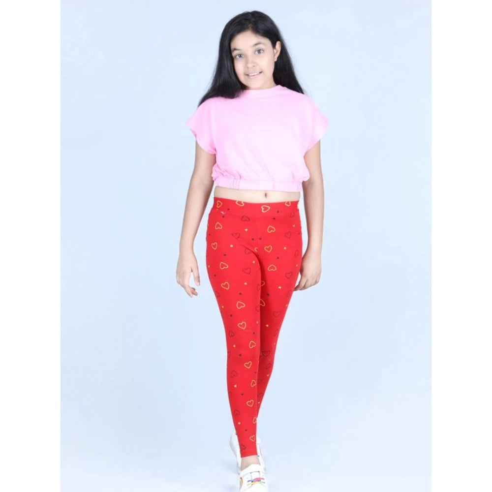Red cotton lycra printed elasticated leggings for girls - perfect for activewear